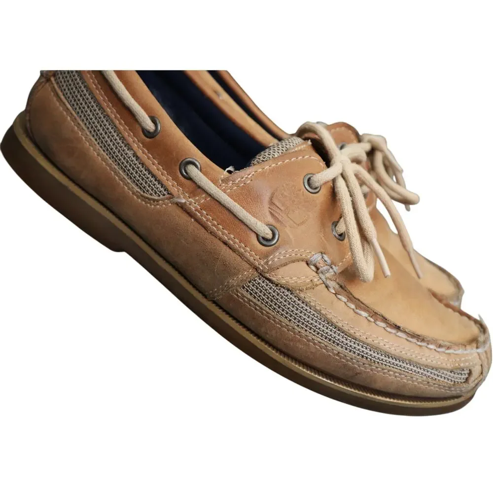 Vintage Timberland Tan Leather Boat Loafers Shoes 2 Eye Slip on Mens 8 Casual